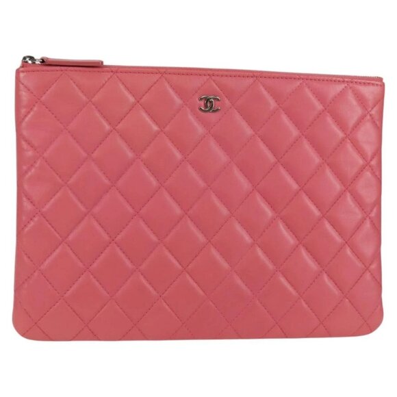 CHANEL Matelasse Clutch Bag Lamb Skin Pink Silver - Picture 1 of 16